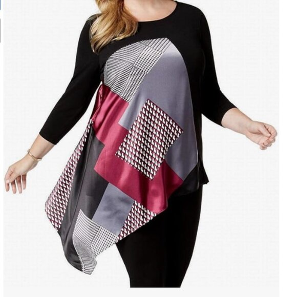 Alfani size 3X Black Multi Abstract Artsy Asymmetric Stretch Knit Top - Picture 1 of 11